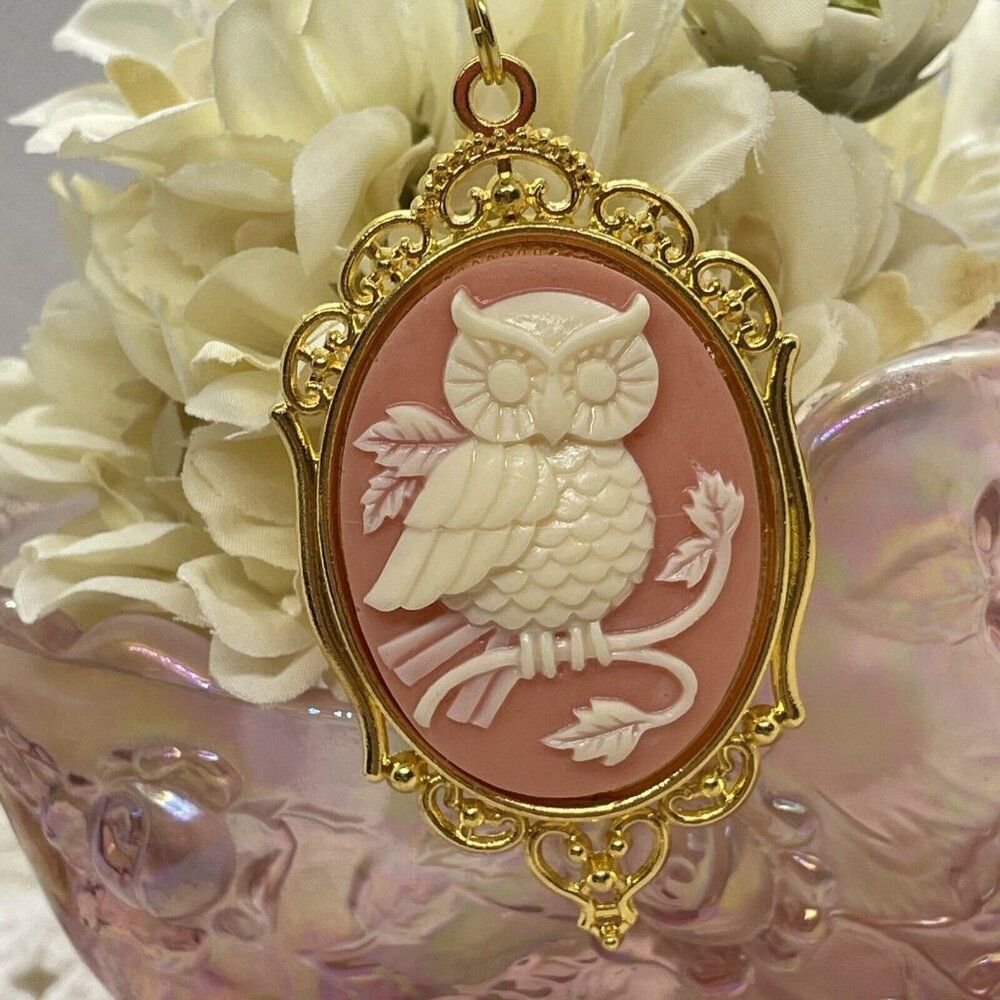 Valentine's Day Gift Mom Wife Daughter Peach Cameo Necklace White Owl Gold Charm